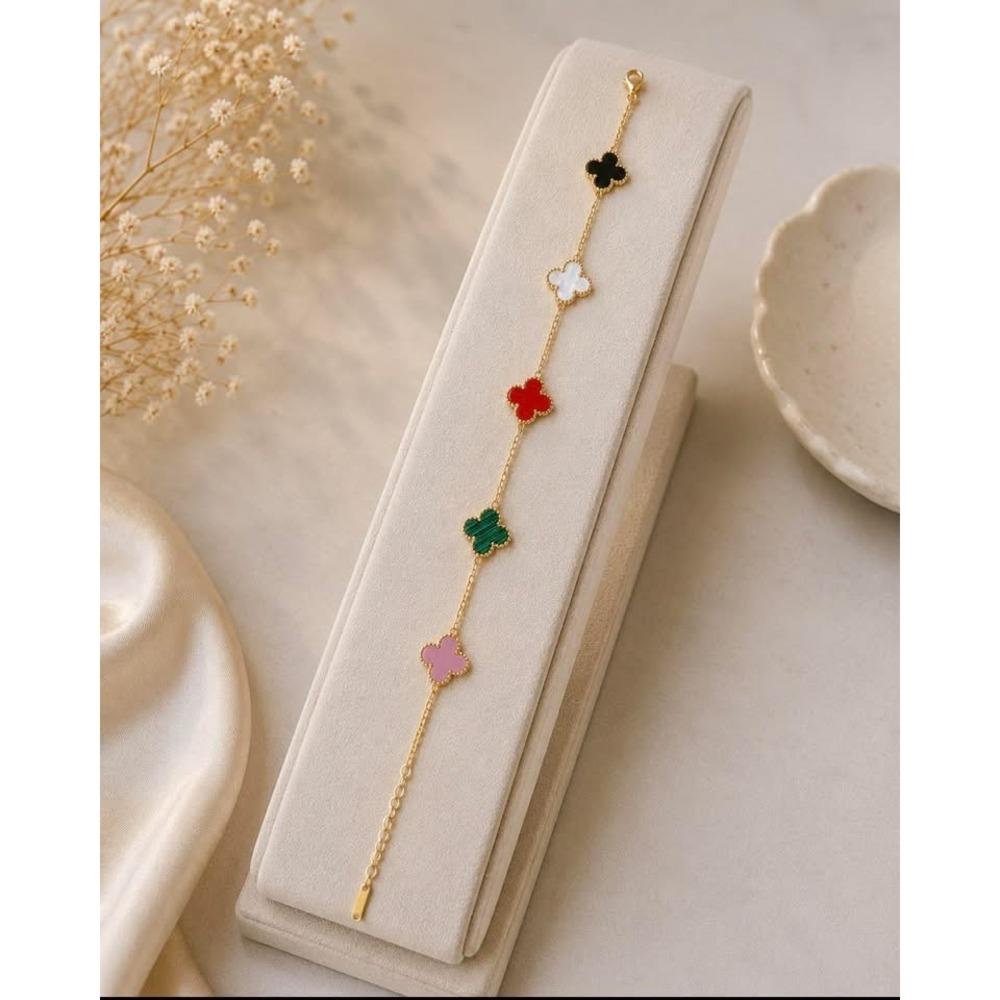 Gold Plated Stainless Steel Multi Motif Clover Bracelet Multicolor Adjustable
